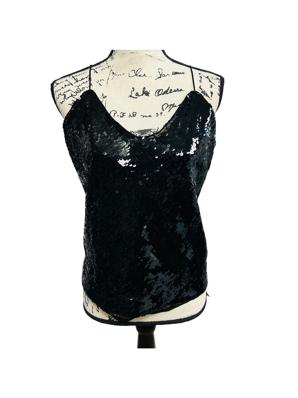 Express Black Sequin Blouse Cropped Sleevelss Spaghetti Strap V-Neck Large Glam
